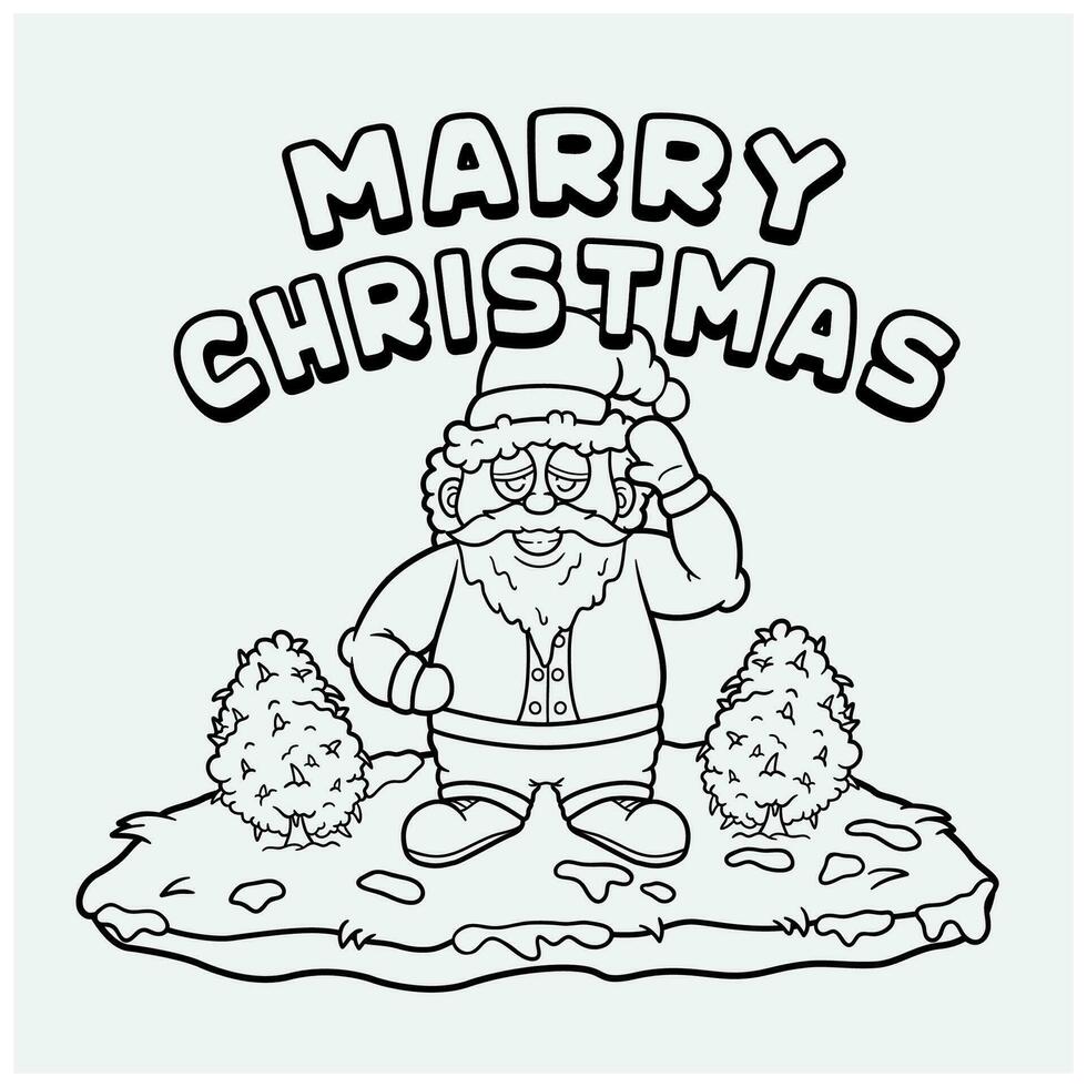 Line art of Marry Christmas Text and Santa Claus Character. With High, Cannabis Tree and Background. vector