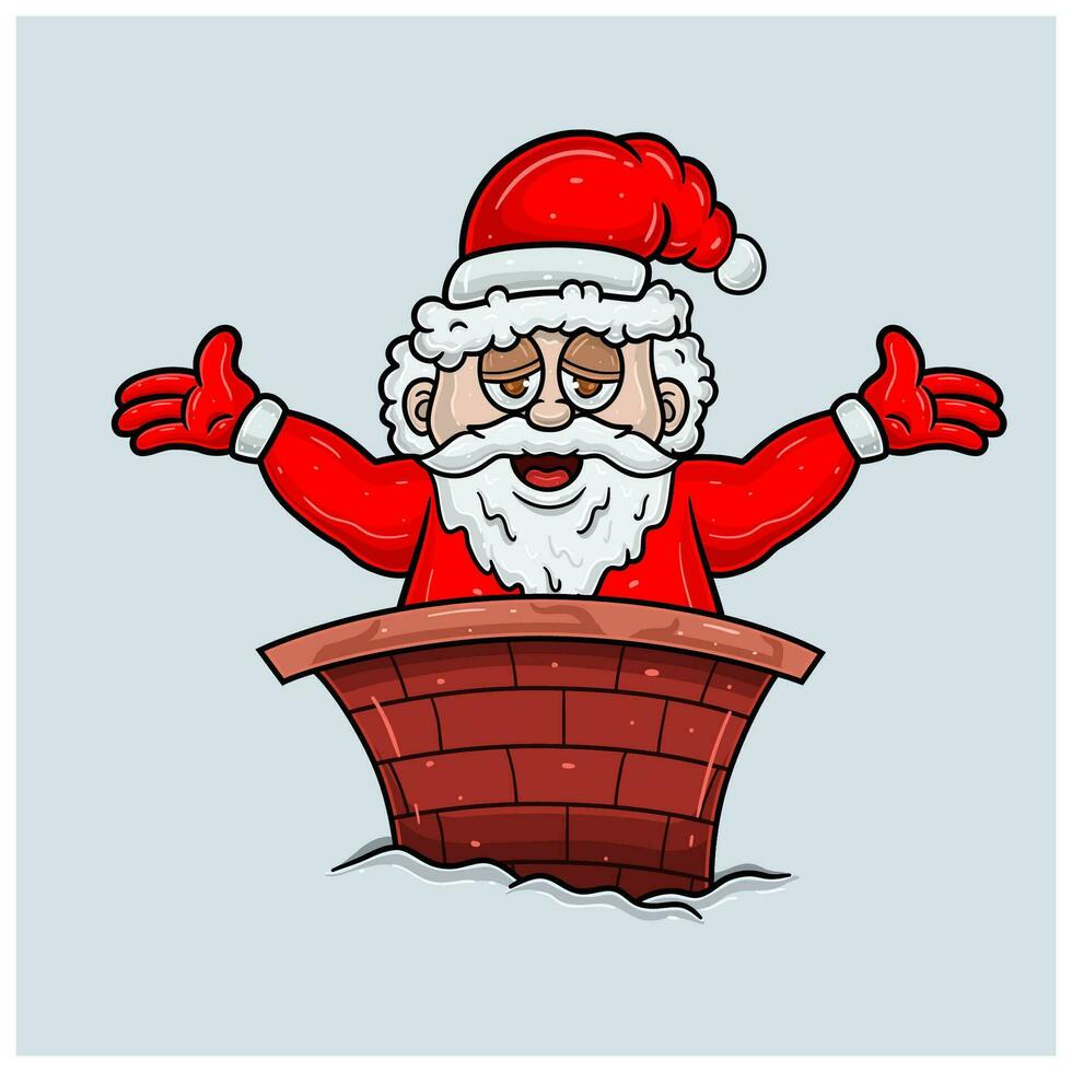 Santa Claus Mascot Character Cartoon On House Chimney. vector