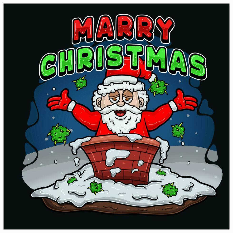 Santa Claus Character and Marry Christmas Text. With High, Weedbud, On House Chimney and Background. vector