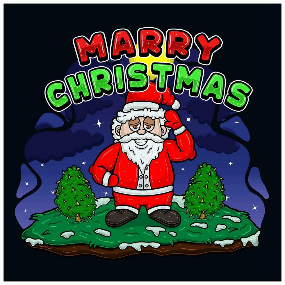 Marry Christmas Text and Santa Claus Character. With High, Cannabis Tree and Background. vector