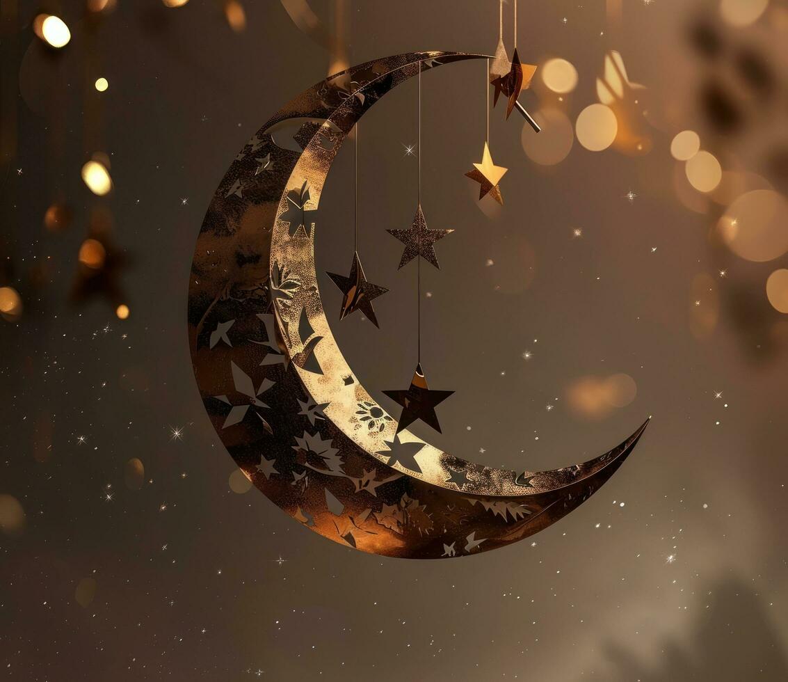 AI generated a golden crescent under the full moon with stars photo