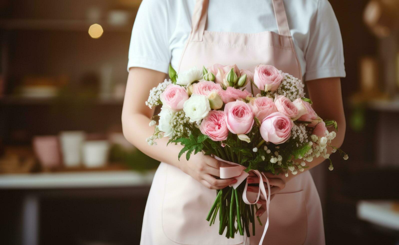 AI generated a florist in an apron with several bouquets and flowers photo