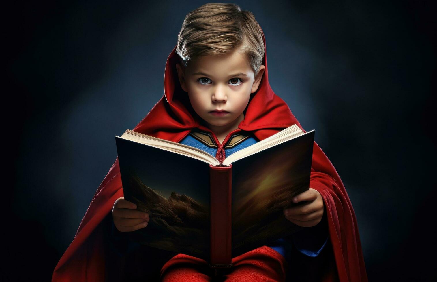 AI generated a little boy reading a book in a red cape photo