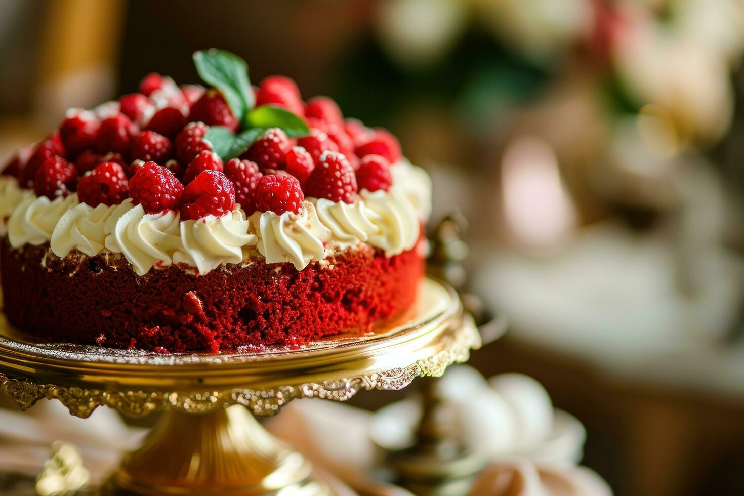 AI generated A Golden Stand Adorned Red Velvet Cake with Raspberries photo