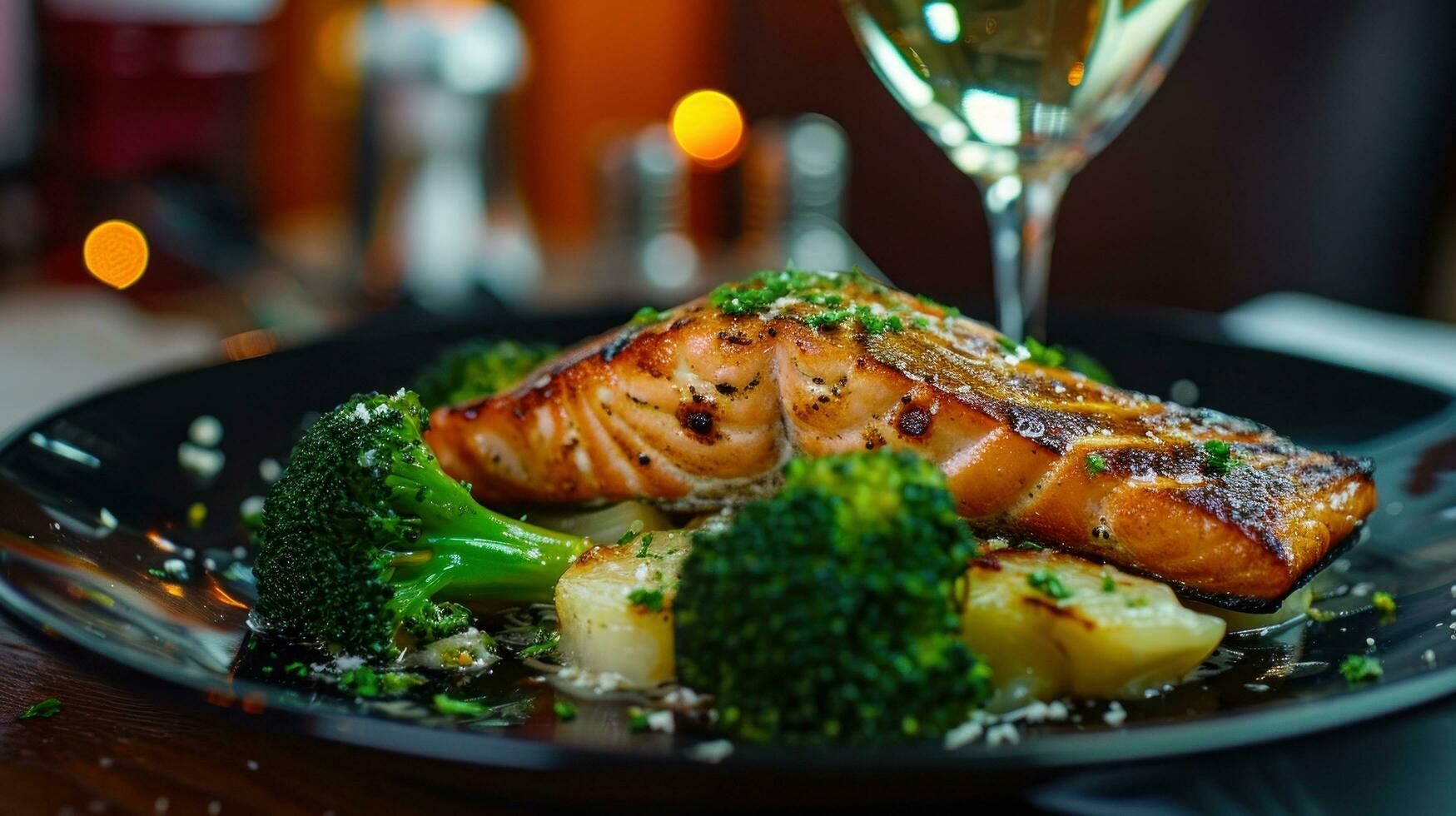 AI generated a grilled salmon and broccoli dinner with white wine on a black plate photo