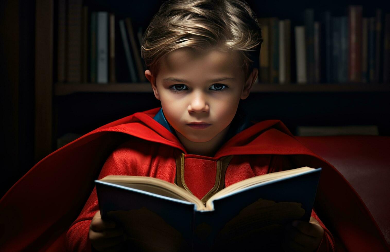 ai generado un pequeño chico leyendo un libro en un rojo capa foto