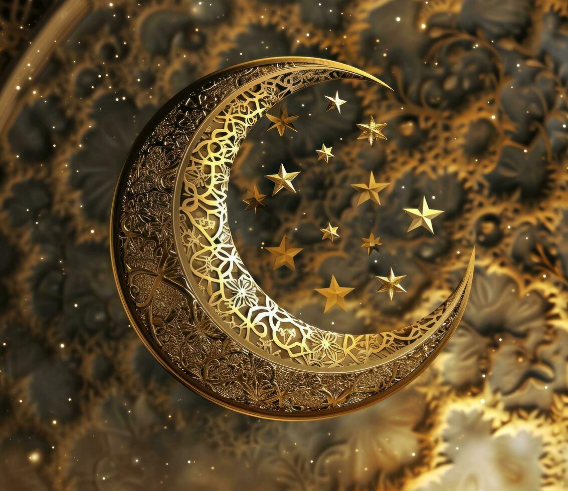 ai generado un dorado creciente debajo el lleno Luna con estrellas foto