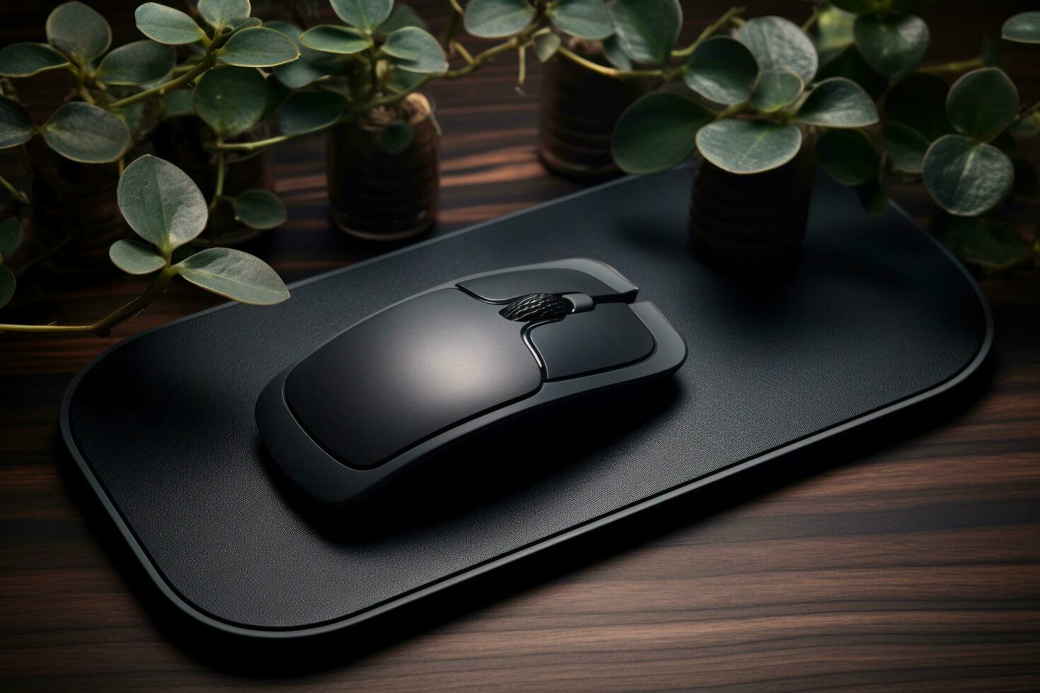 AI generated a desk with a black computer mouse and a plant or two photo