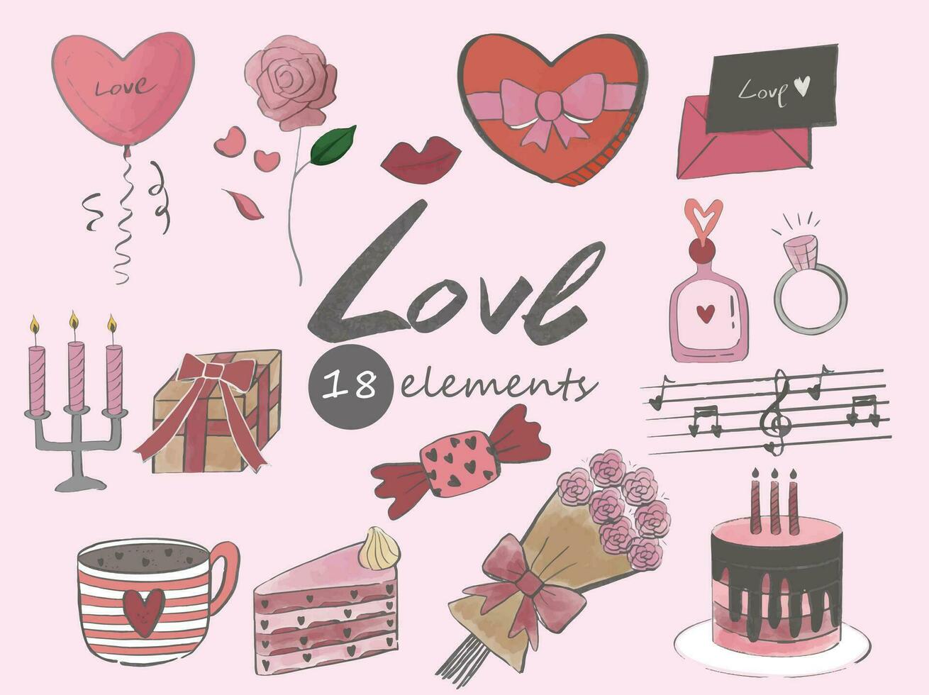 Watercolor style Valentines Day elements vector