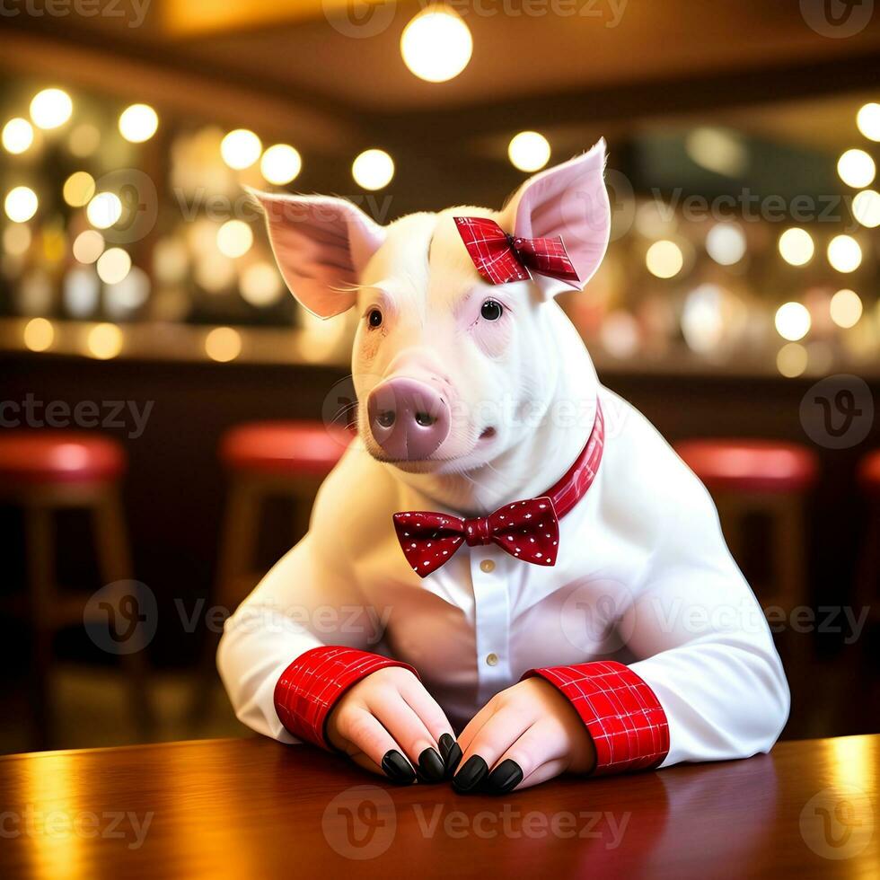 AI generated Swine dressed in a festive holiday suit and bow, sitting at a table in a bar. Anthropomorphic animals. Generative AI. photo