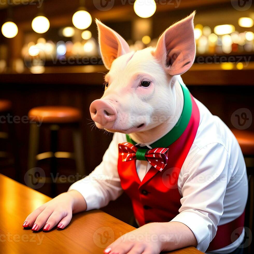 AI generated Swine dressed in a festive holiday suit and bow, sitting at a table in a bar. Anthropomorphic animals. Generative AI. photo