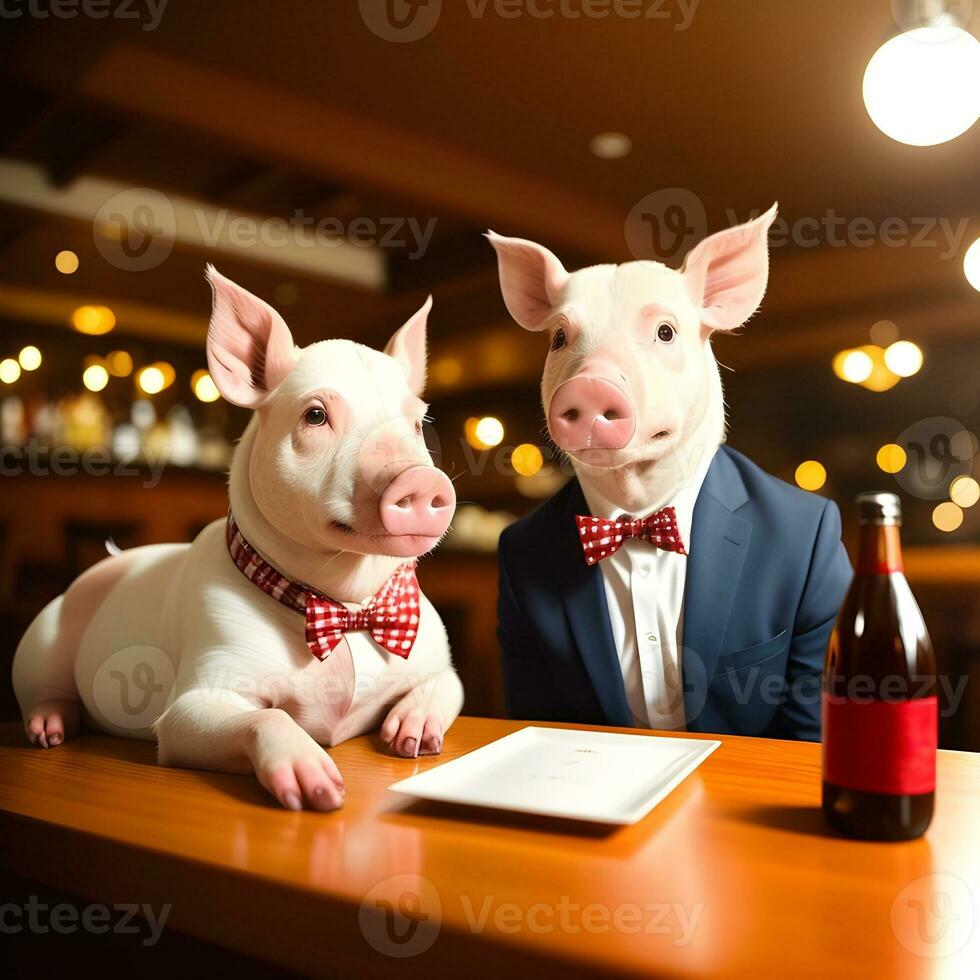 AI generated Swine dressed in a festive holiday suit and bow, sitting at a table in a bar. Anthropomorphic animals. Generative AI. photo