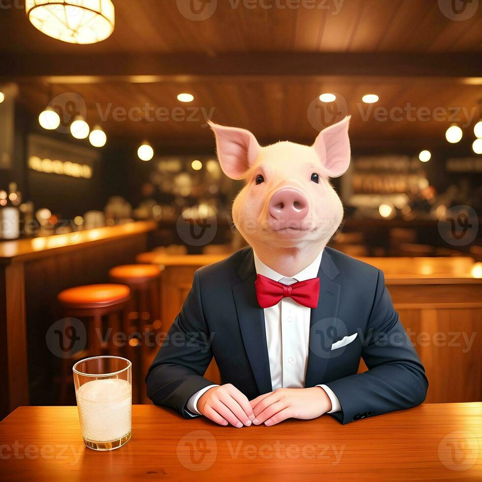 AI generated Swine dressed in a festive holiday suit and bow, sitting at a table in a bar. Anthropomorphic animals. Generative AI. photo