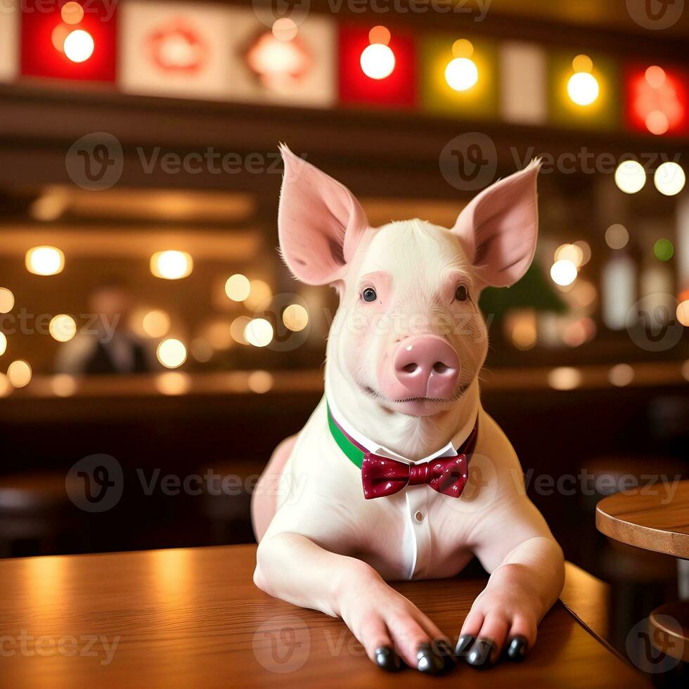 AI generated Swine dressed in a festive holiday suit and bow, sitting at a table in a bar. Anthropomorphic animals. Generative AI. photo