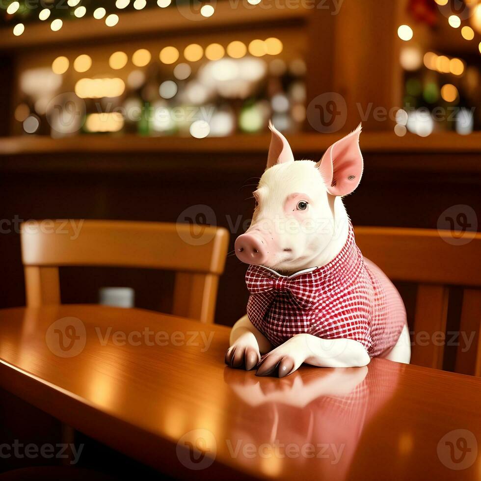 AI generated Swine dressed in a festive holiday suit and bow, sitting at a table in a bar. Anthropomorphic animals. Generative AI. photo