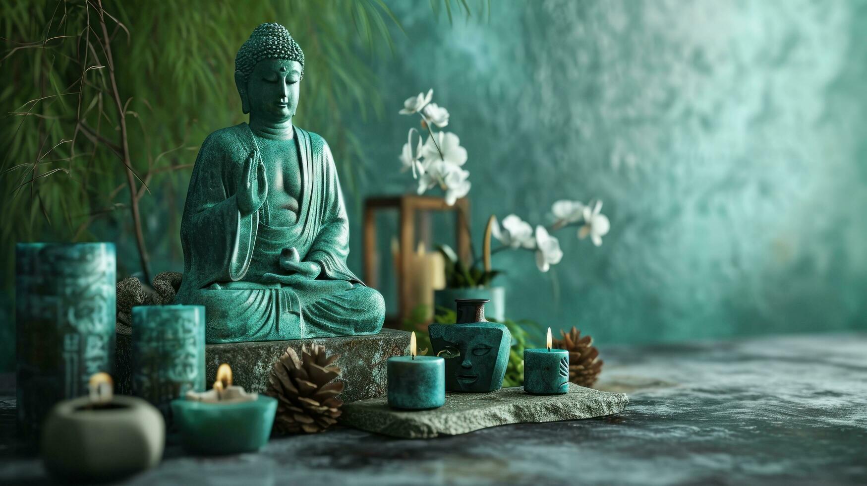 ai generado un estatua de Buda y velas son metido en un zen jardín foto