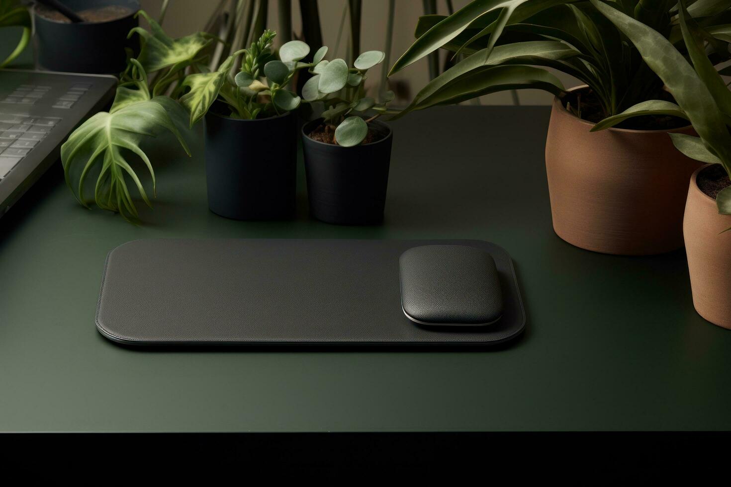 AI generated a desk with a black computer mouse and a plant or two photo