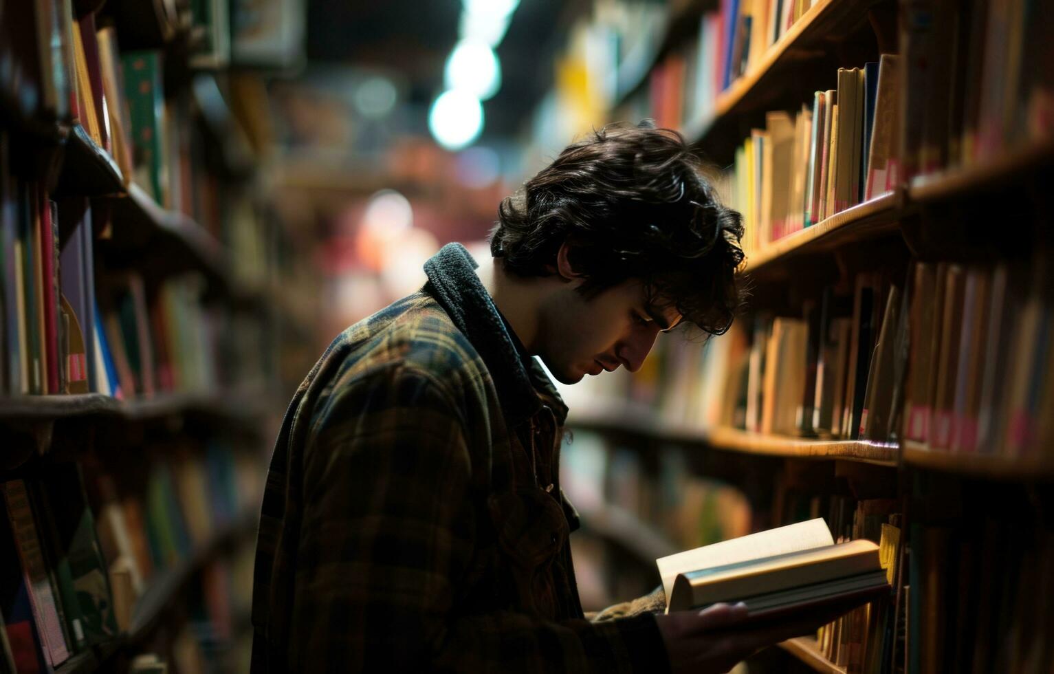 AI generated a man is in a library looking at books photo