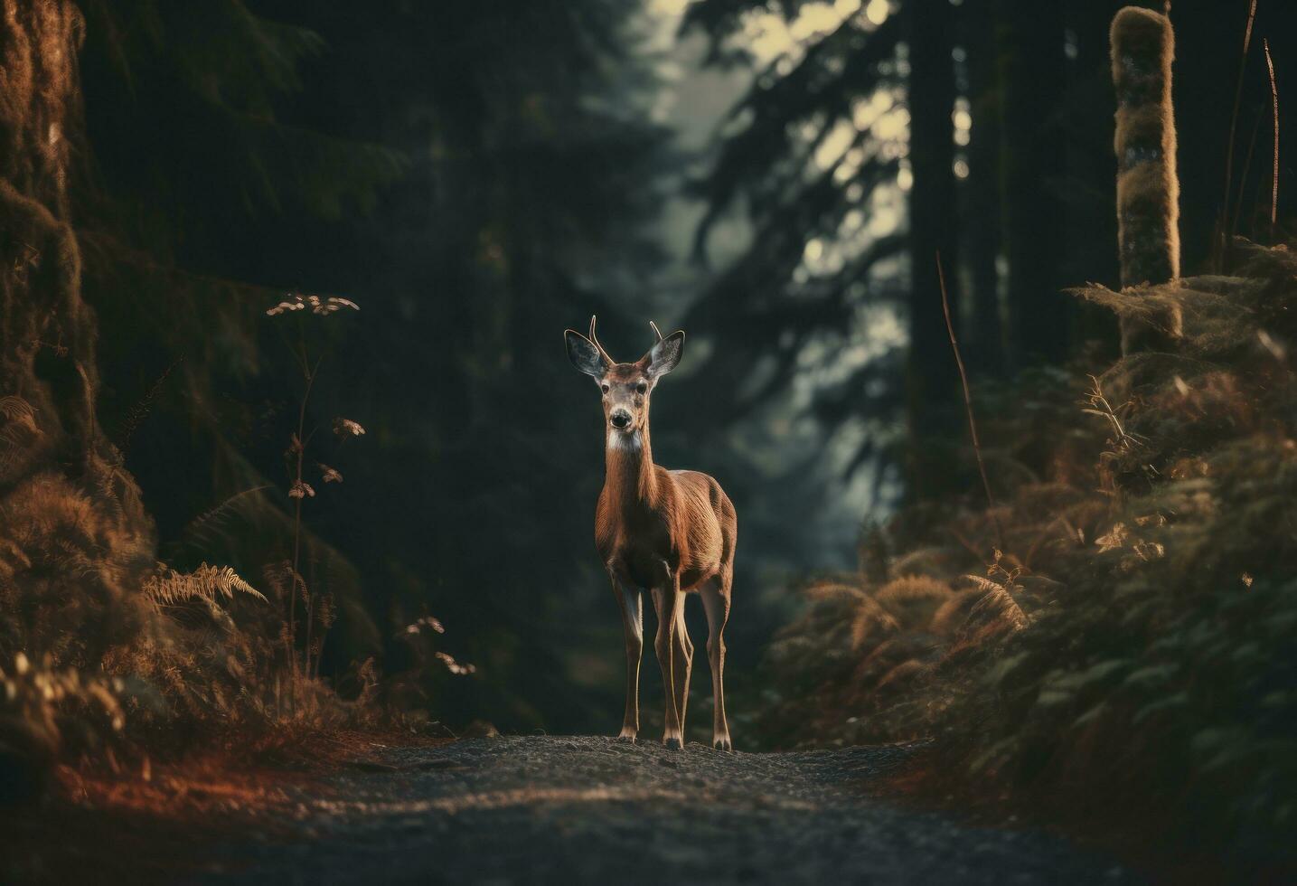 AI generated a beautiful deer stands on the road in the forest photo