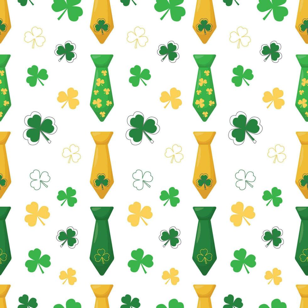 St. Patrick's Day seamless pattern with coins, shamrocks and ties on a white background. Vector illustration. March 17