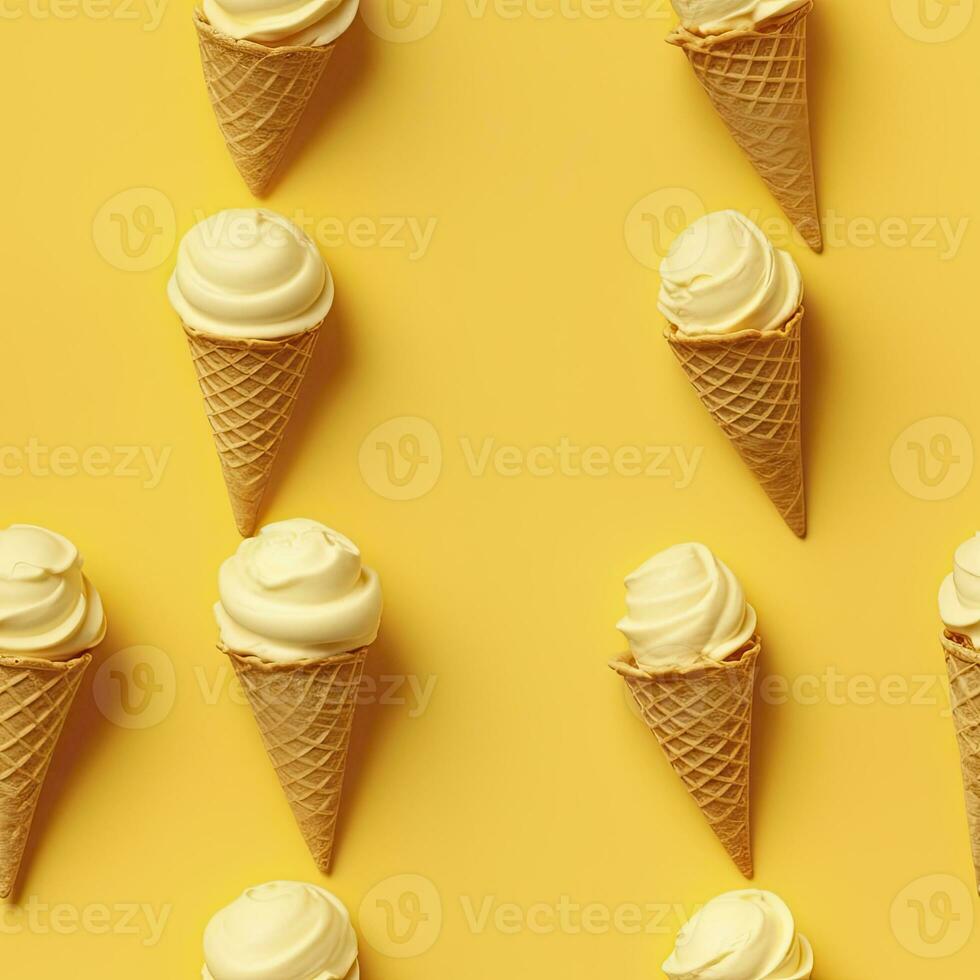 AI generated Ice Cream pattern on yellow background, top view. AI Generated photo