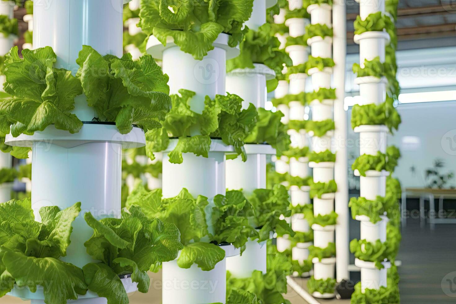 AI generated Vertical Hydroponic Plant System With Cultivated Lettuces. AI Generated photo