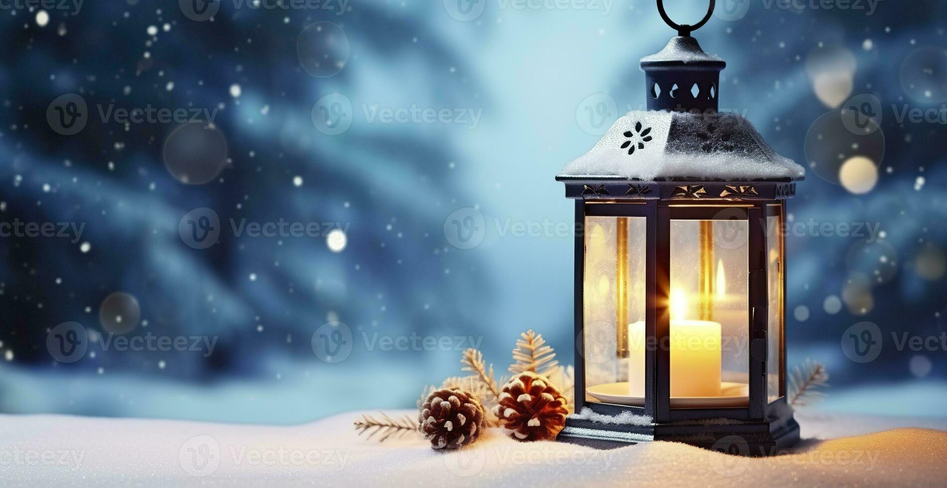 AI generated Christmas Lantern On Snow With Fir Branch In Evening Scene. Generative AI photo