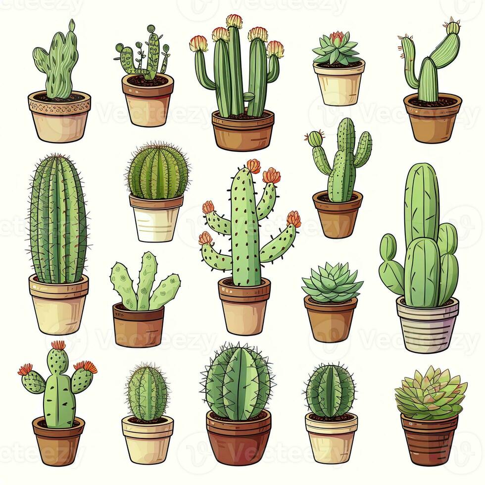 AI generated The Cactus set on white background. Clipart illustrations. AI Generated photo