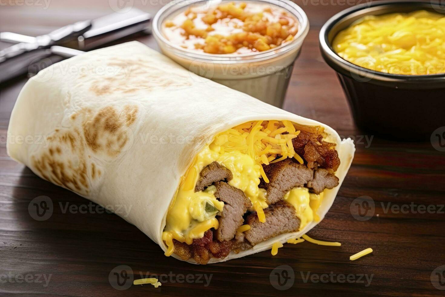 AI generated Breakfast burrito with sausage, eggs, hashbrown and cheese. AI Generated photo