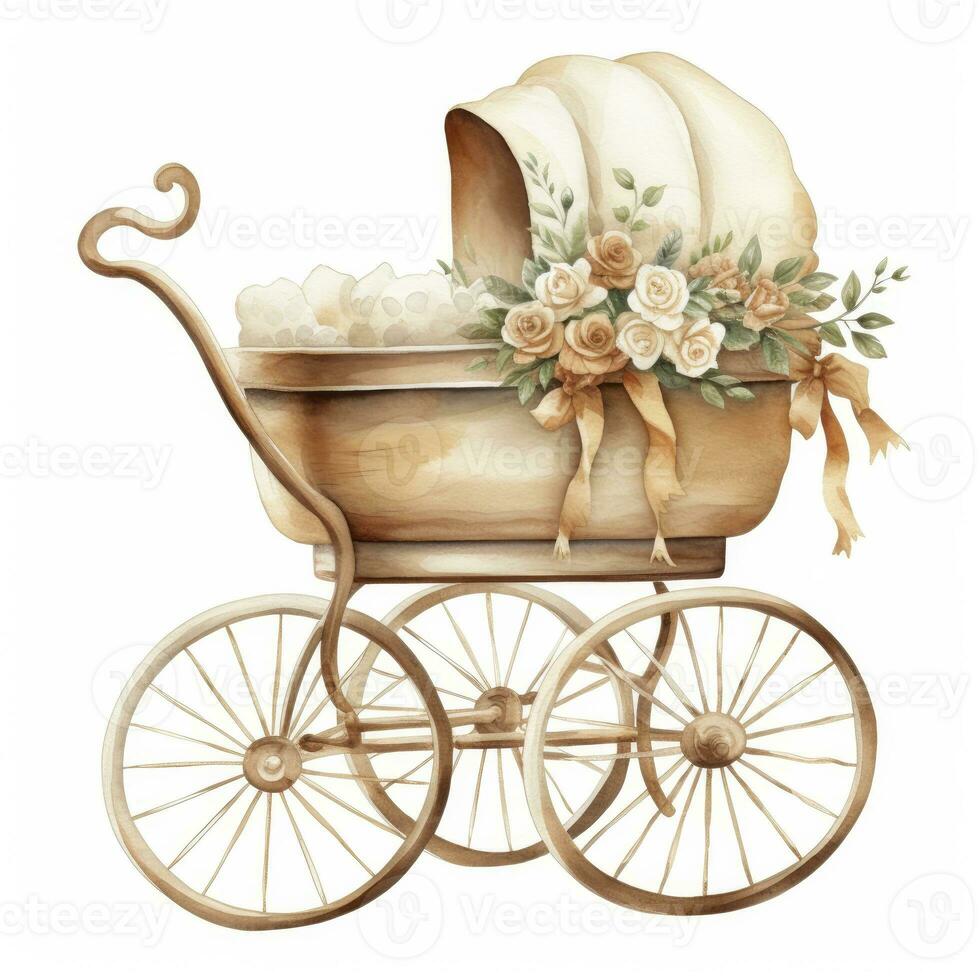 AI generated Watercolor Baby carriage Clipart on white background. AI Generated photo