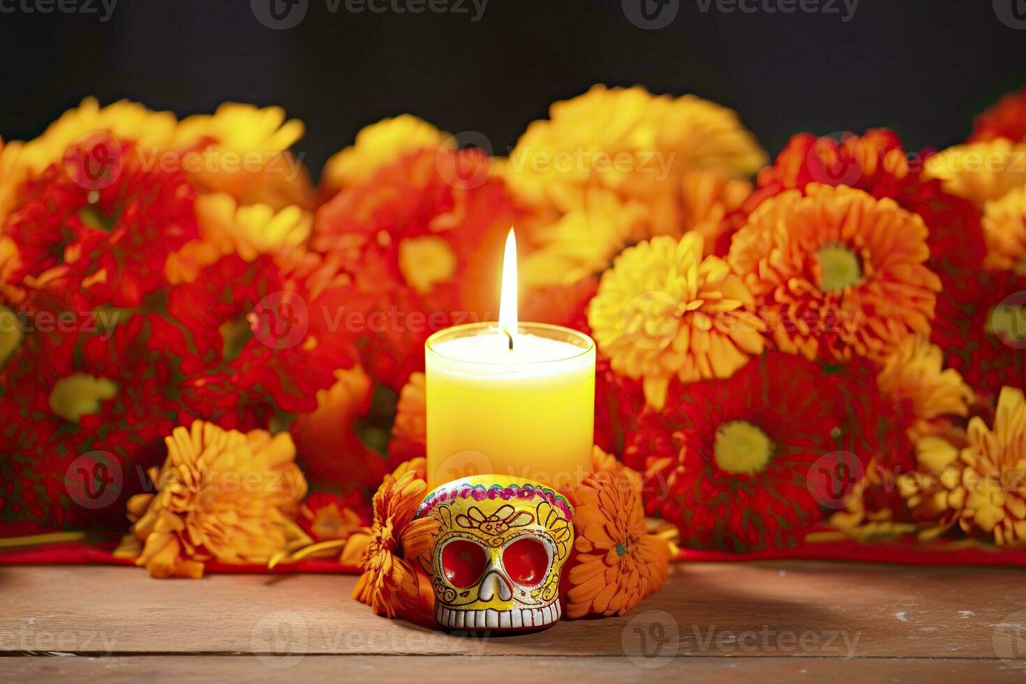 AI generated Candles and marigold flowers. Day of the dead concept dia de los muertos. AI Generated photo