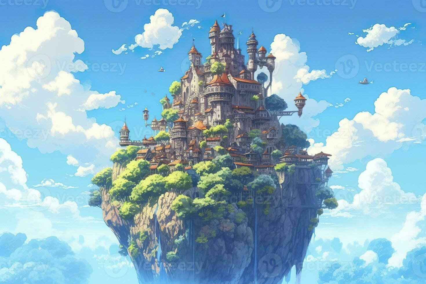 AI generated Ancient Heavenly Floating island in the sky with a castle, vibrant, fantasypunk, AI Generative photo