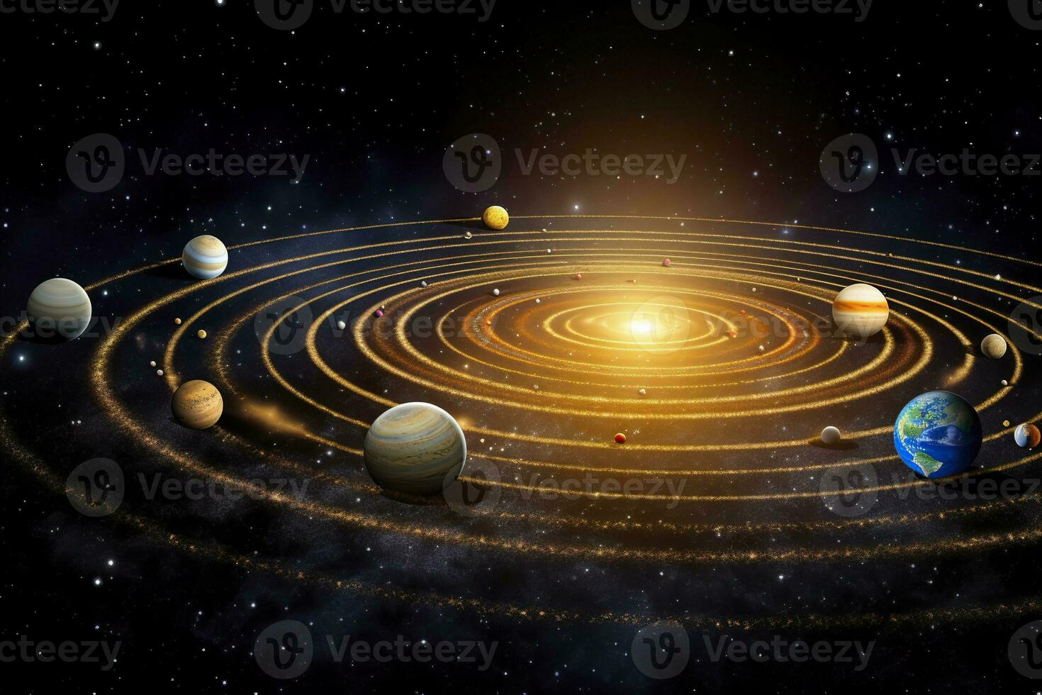 AI generated Our 3d Solar system with planets in orbits path. AI Generative photo