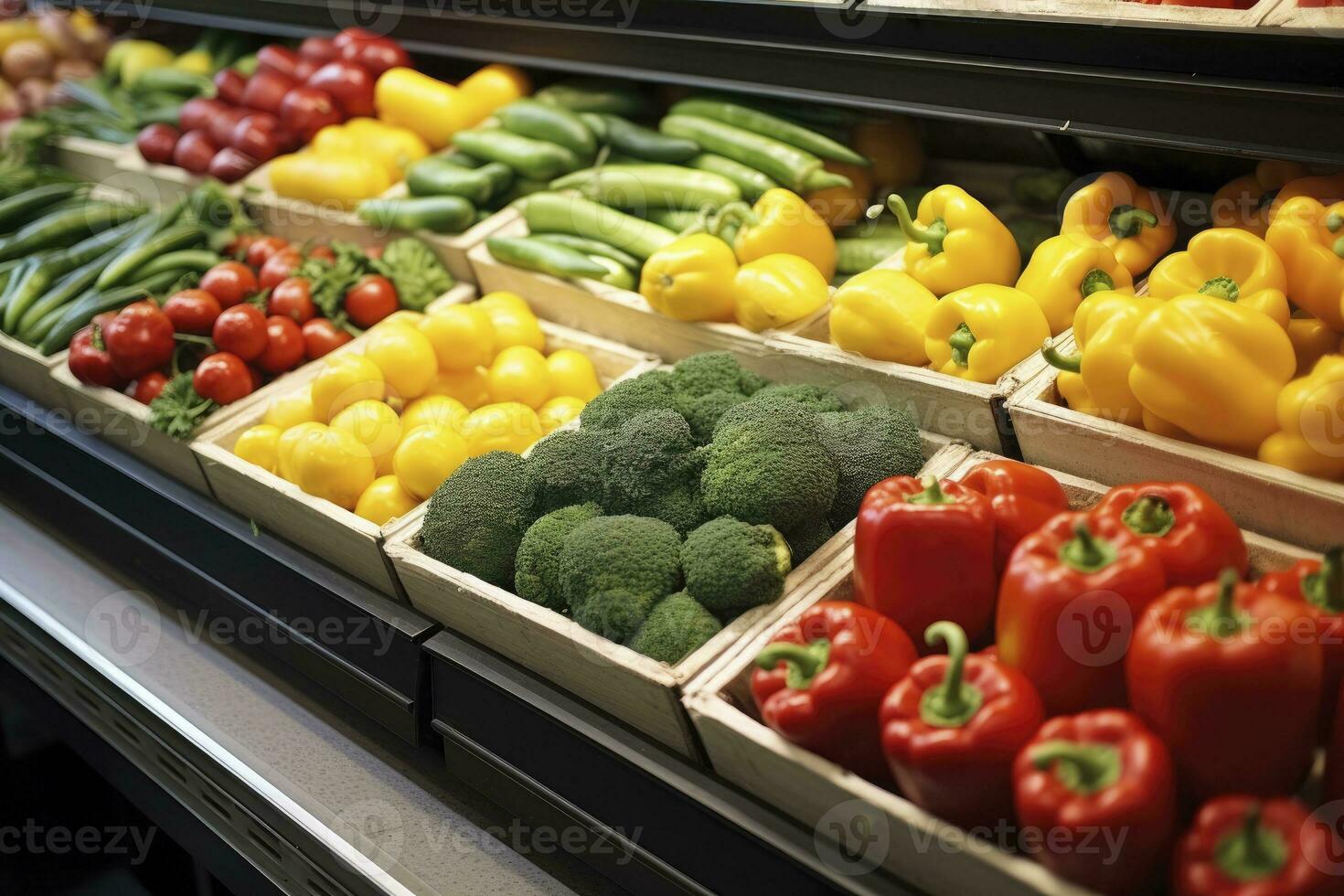 AI generated Fruits and vegetables on shop stand in supermarket grocery store. AI Generated photo