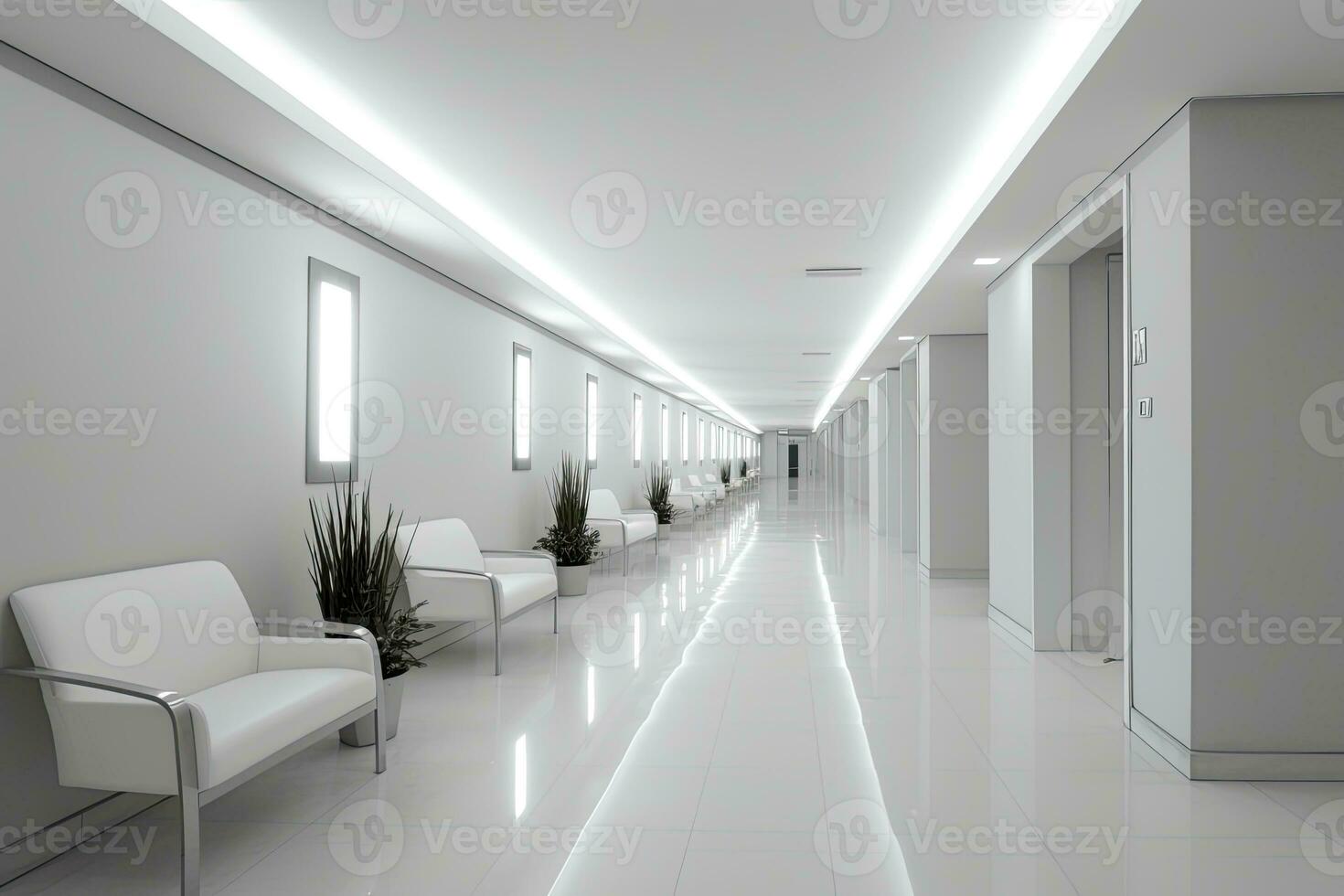 AI generated Interior design of a modern luxurious white building corridor or hallway with waiting seat. AI Generated photo