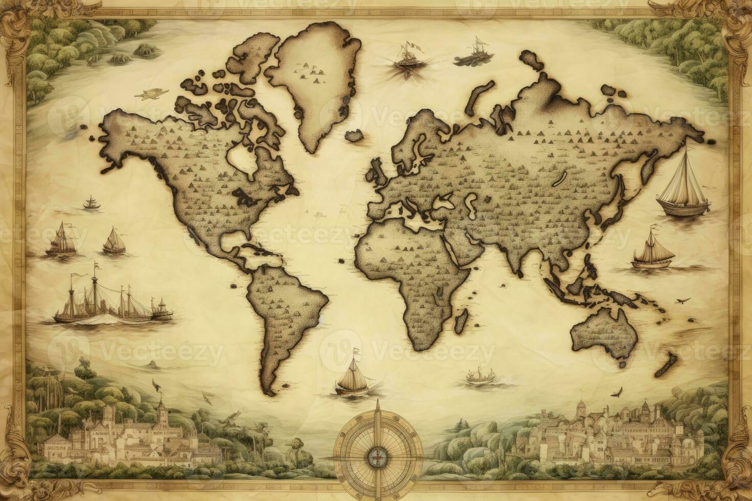 AI generated Great detailed illustration of the world map in vintage style. AI Generated photo