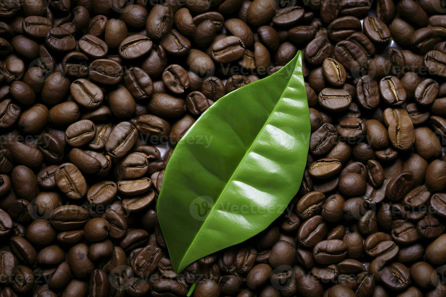 AI generated Green leaves with coffee beans as background. AI Generated photo