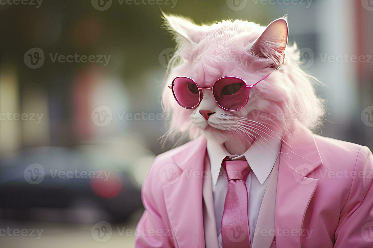 AI generated A cat is wearing sunglasses, suit and standing on street. AI Generated photo