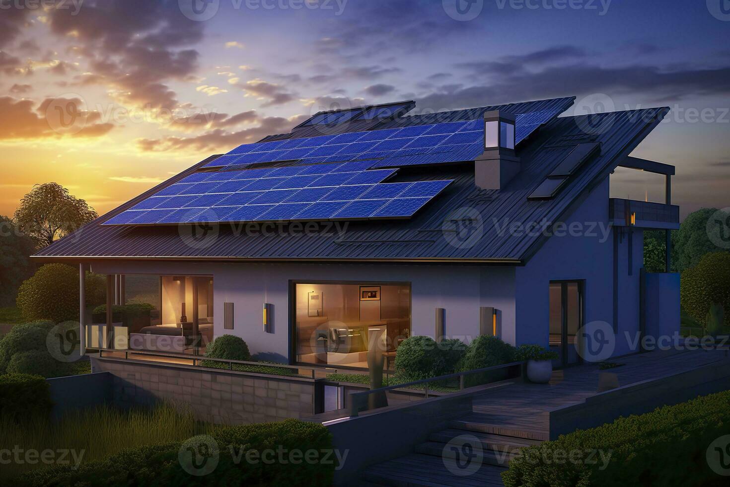 AI generated Modern house with blue solar panels on the roof. End of the day, sunset. AI Generated photo