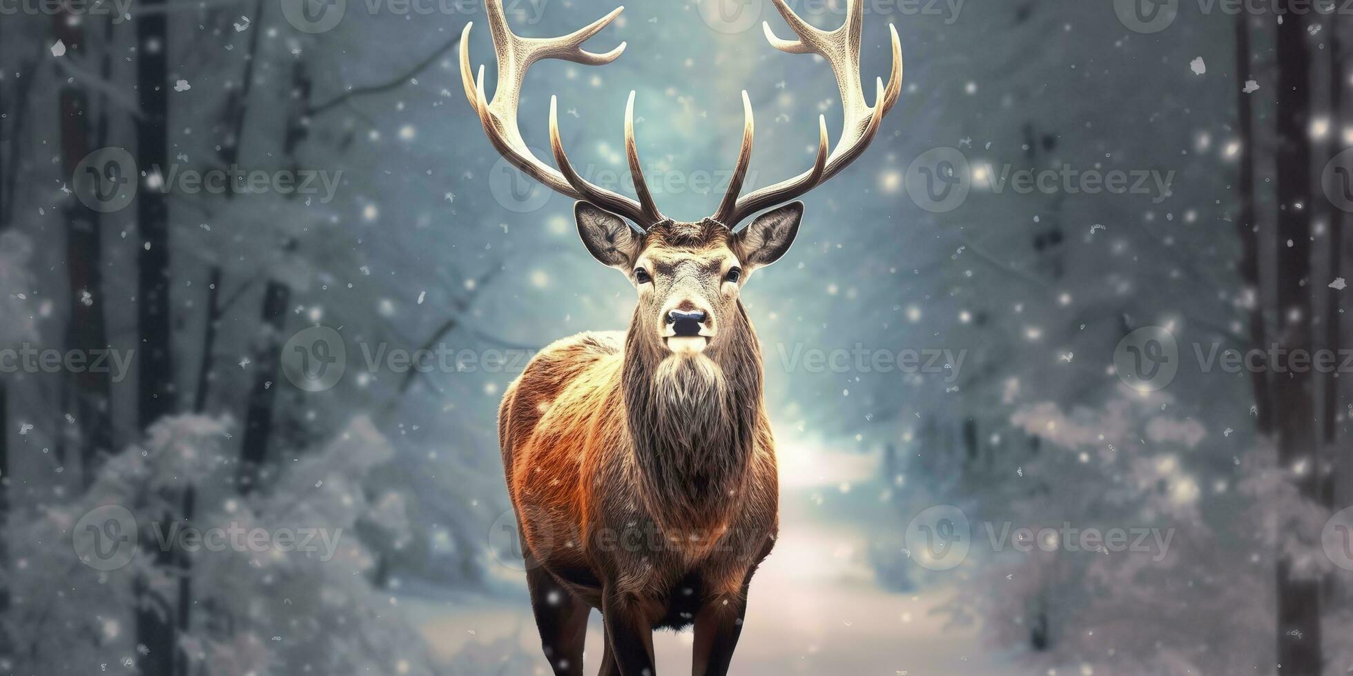 AI generated Noble deer male in the winter snow forest. Artistic winter Christmas landscape. AI Generated photo