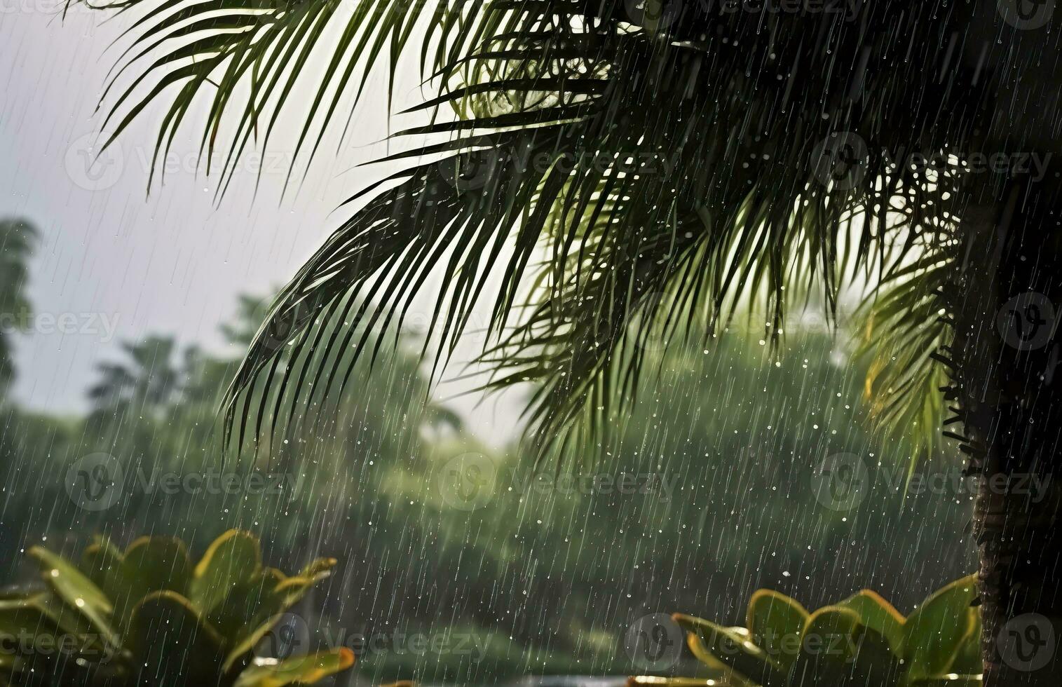 AI generated Rain in the tropics during the low season or monsoon season. Raindrops in a garden. Generative AI photo