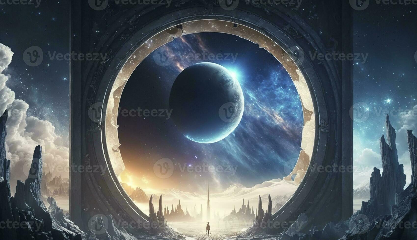 AI generated Portal to another world. Futuristic cosmic landscape with circle tunnel in starry sky. Generative AI photo
