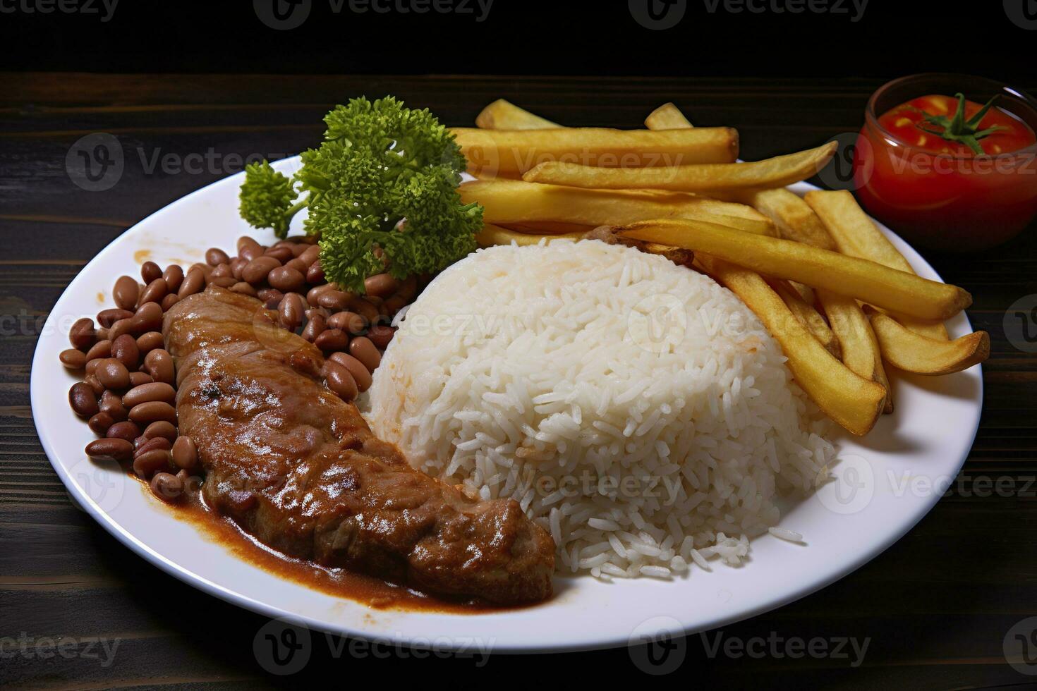 ai generado arroz, frijoles, francés papas fritas, y carne. generativo ai foto