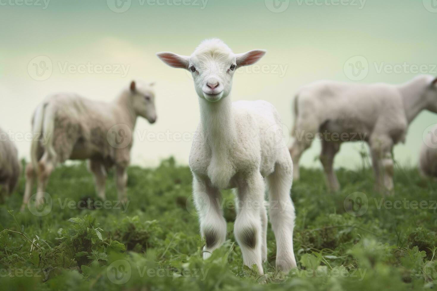 AI generated White lamb in a field in front of other animals. Generative AI photo