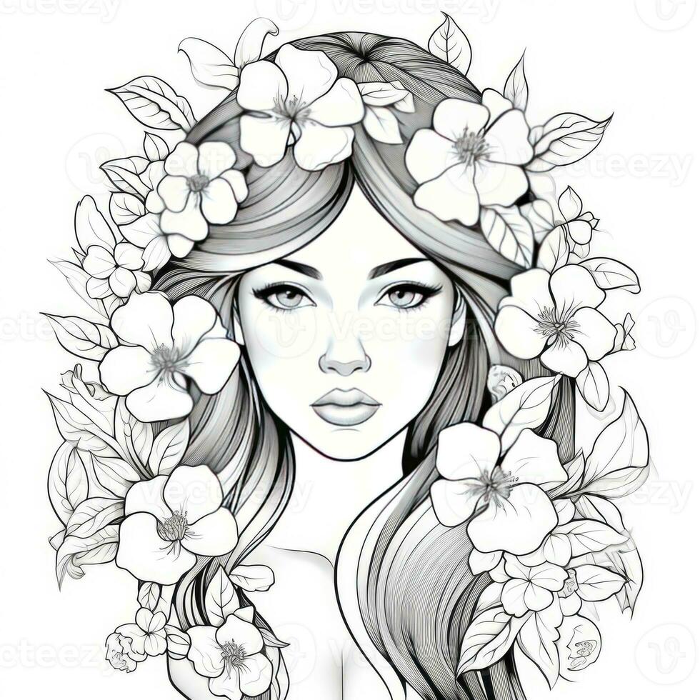AI generated A girl on a coloring book page with Jasmine flowers. AI Generated photo