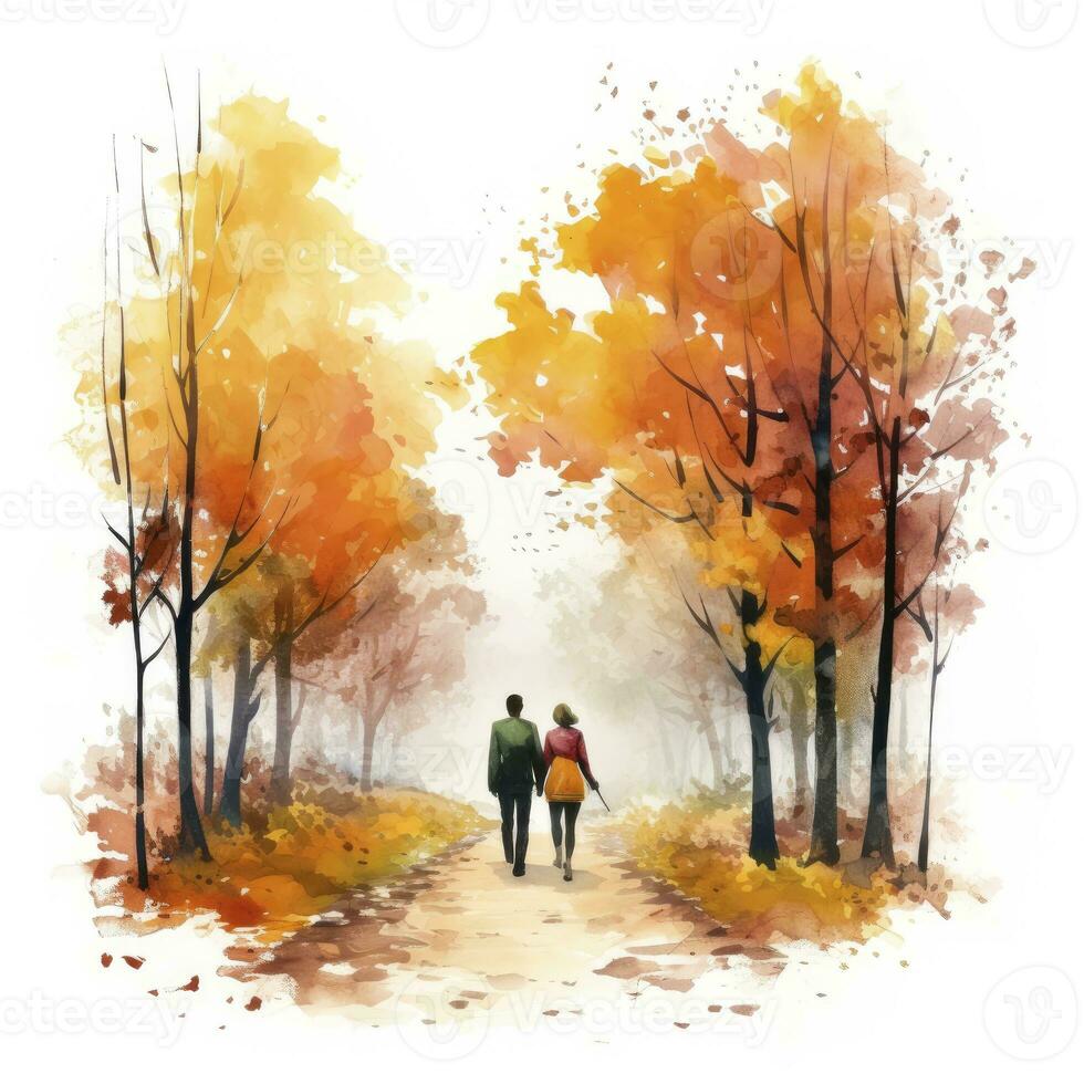 AI generated Watercolor autumn landscape with a couple walking. AI Generated photo