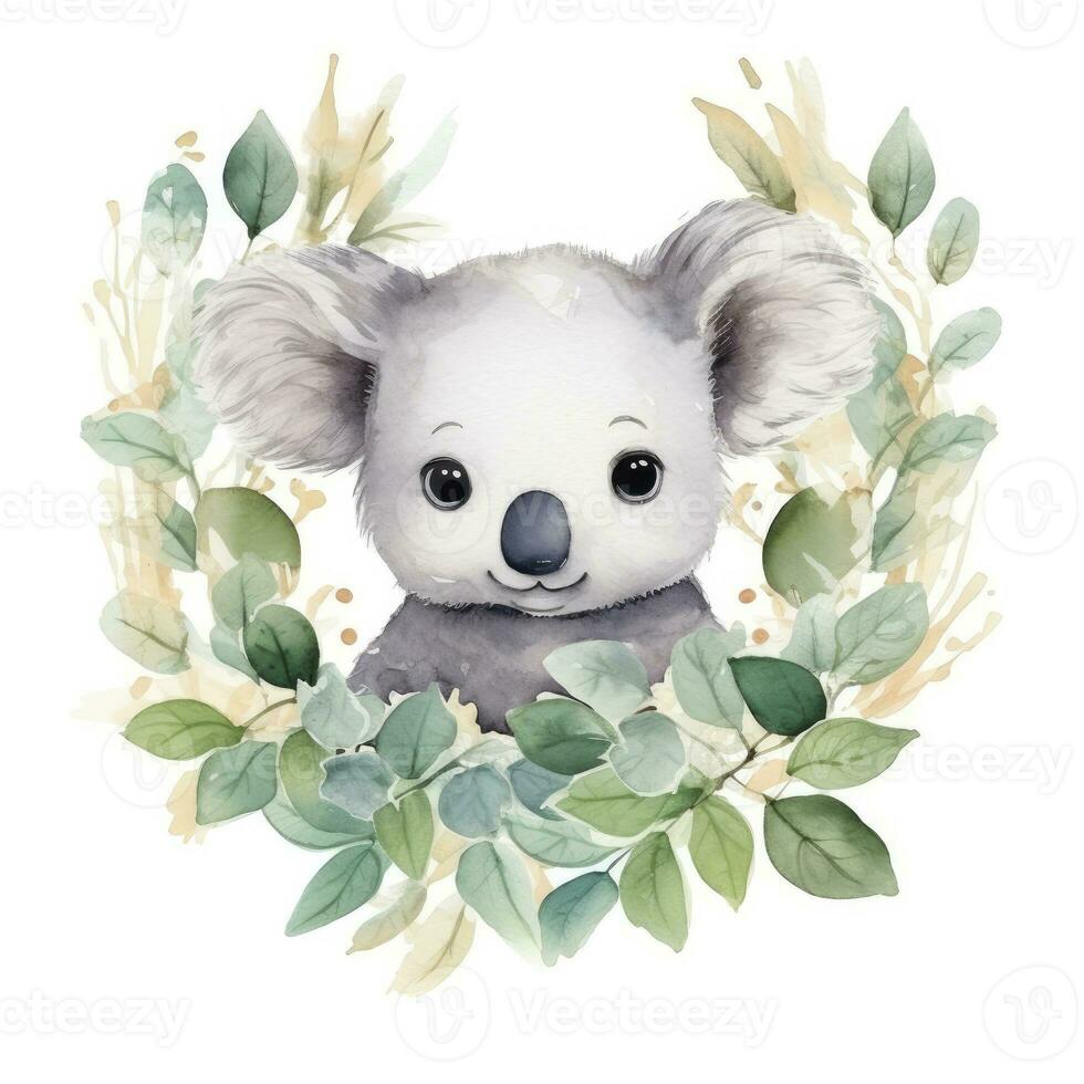 ai generado contento linda coala en hojas en el acuarela estilo en el blanco antecedentes. ai generado foto