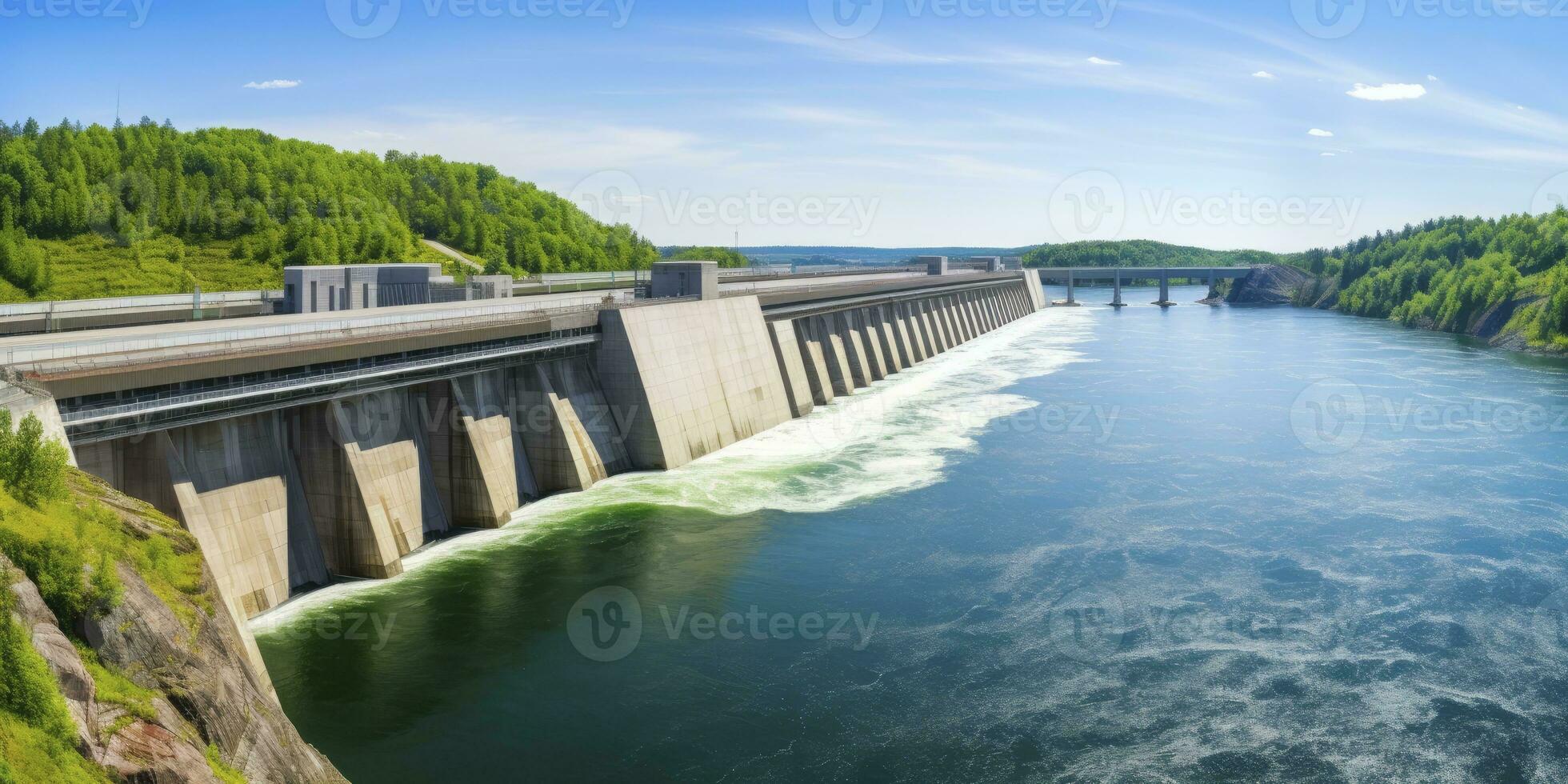 AI generated Hydroelectric dam generating green energy from flowing water.   AI Generated. photo