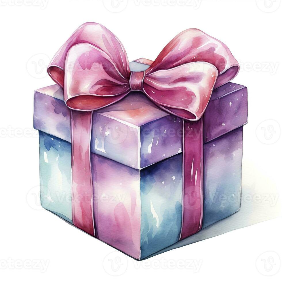 AI generated Watercolor birthday present with bow isolated on white background.  AI Generated photo