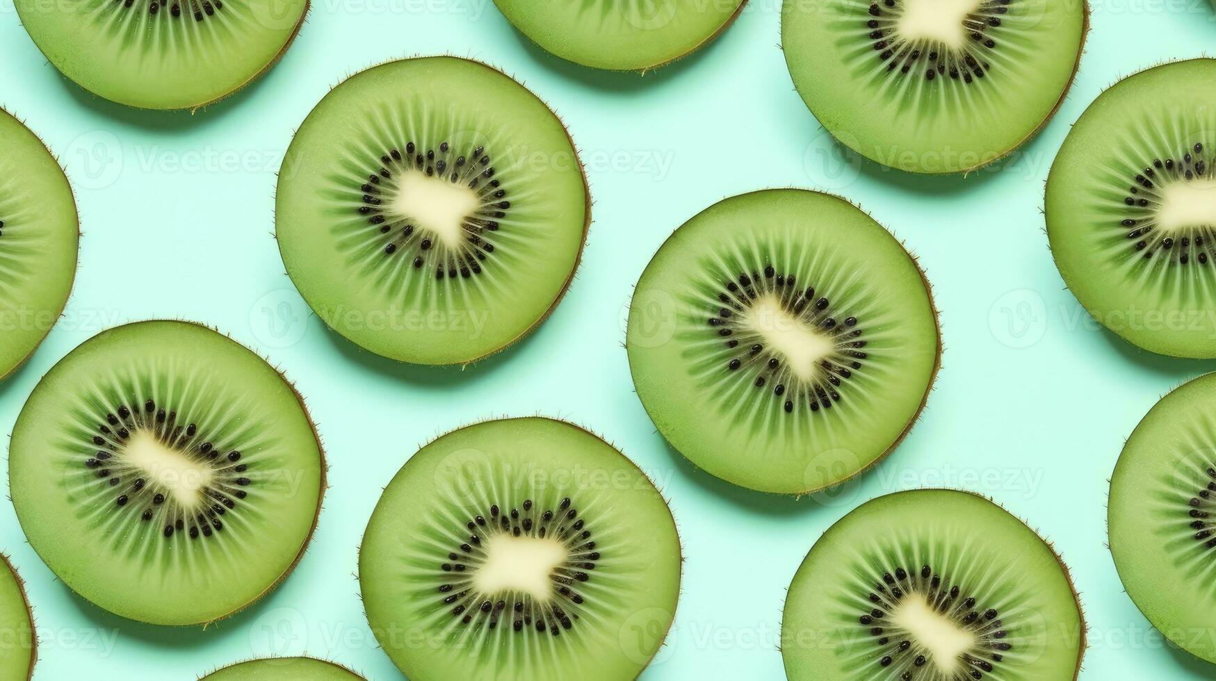 AI generated Slices of kiwi fruit and green mint leaves on a light pastel blue background. AI Generated photo